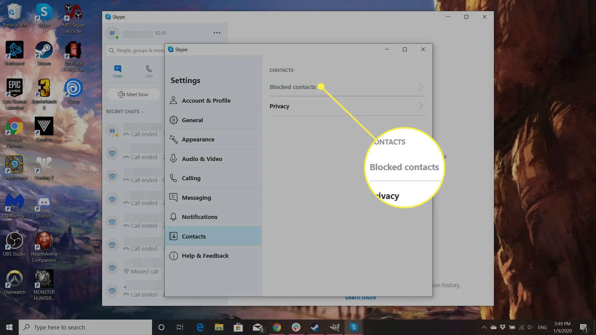 Uma captura de tela das configurações de Contatos do Skype com o título Contatos bloqueados destacado