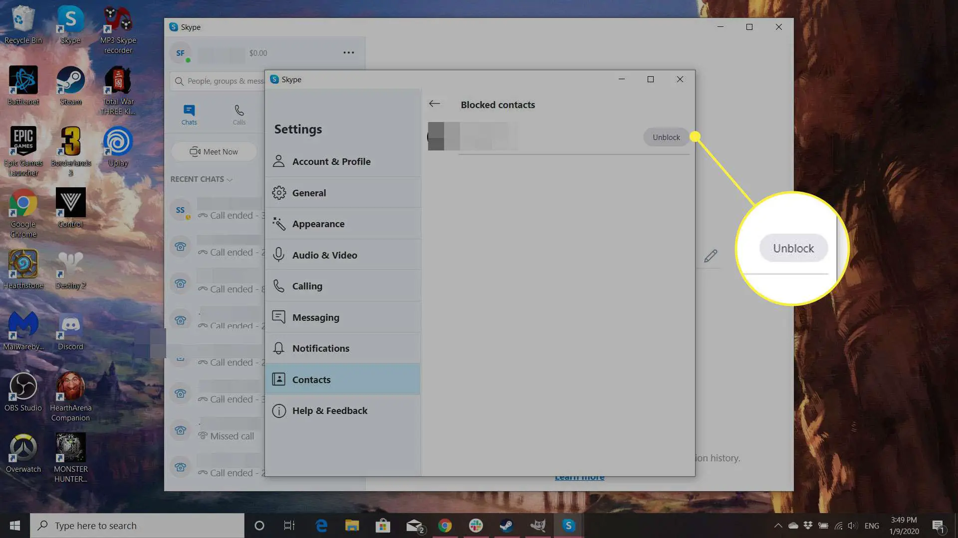 Uma captura de tela da tela de contatos bloqueados do Skype com o botão Desbloquear destacado
