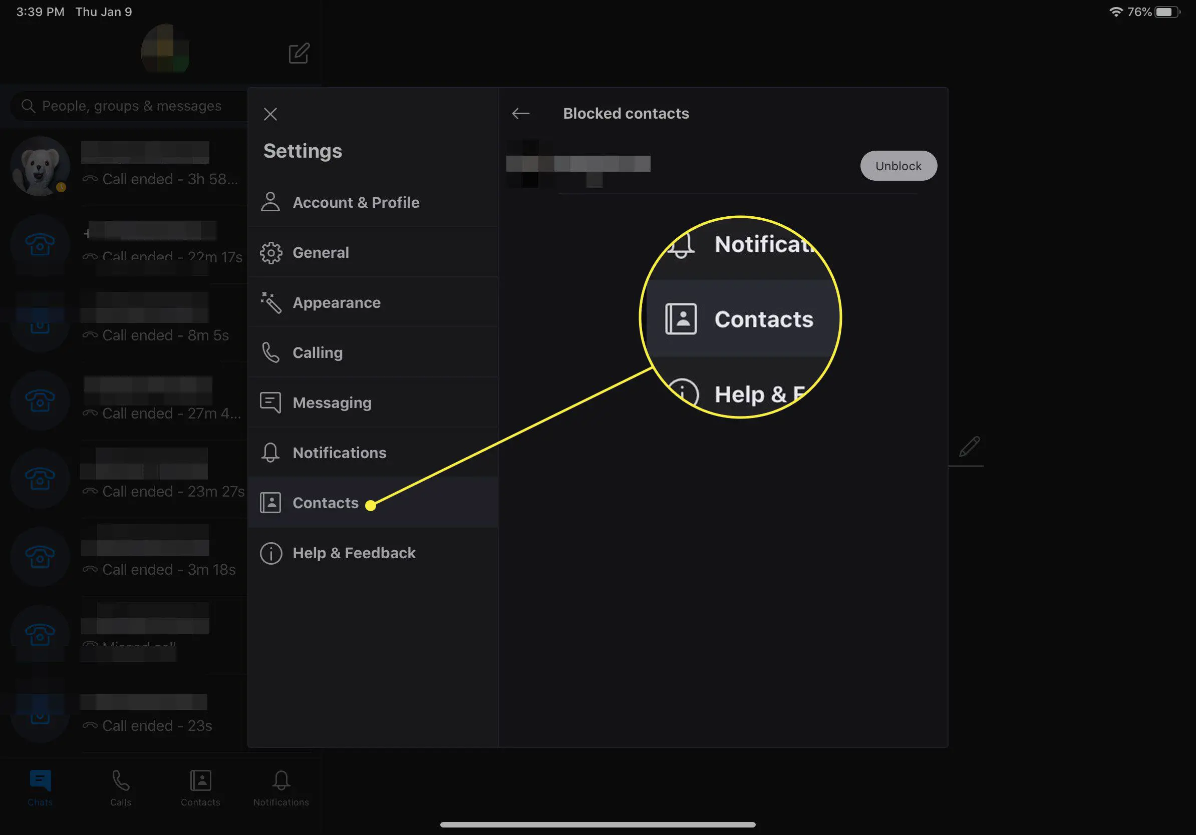 Uma captura de tela da tela de configurações do Skype para iPad com o título Contatos destacado