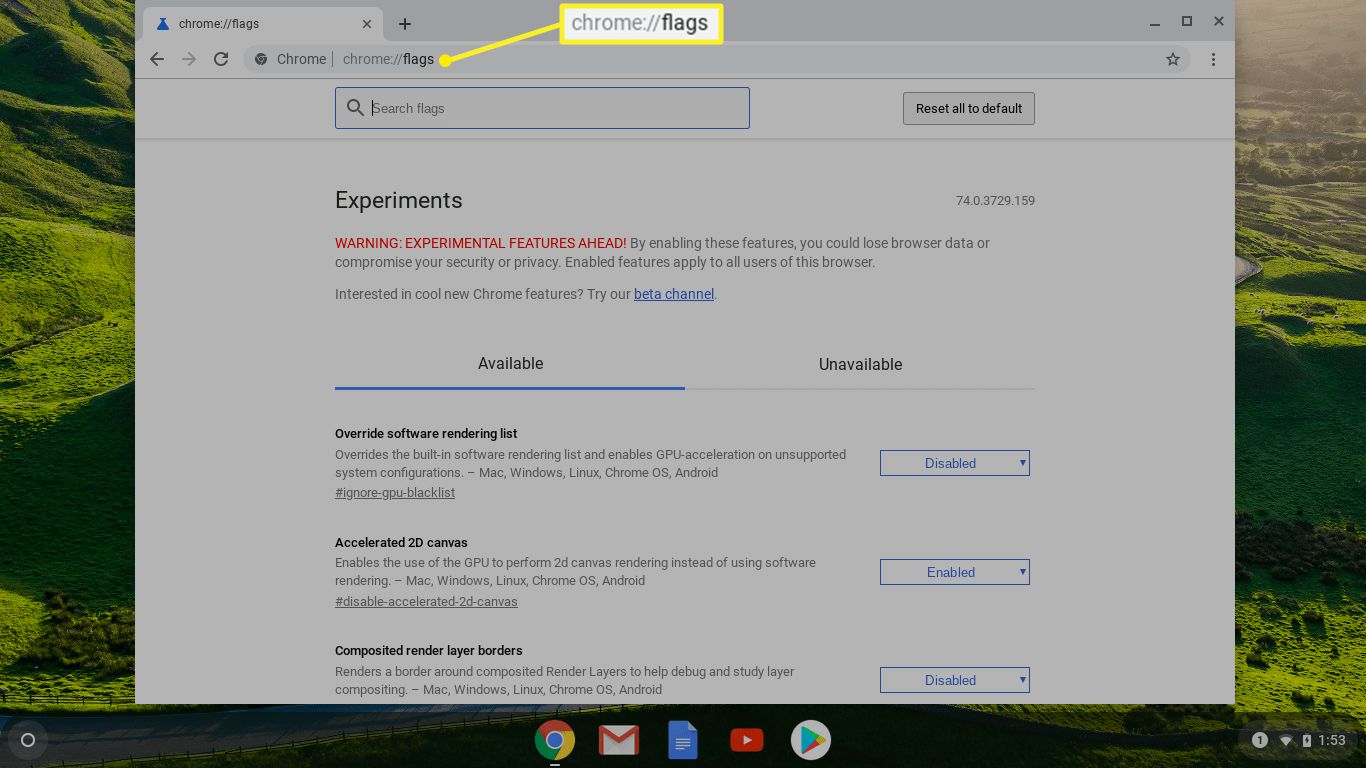 Página de sinalizadores do Chrome OS