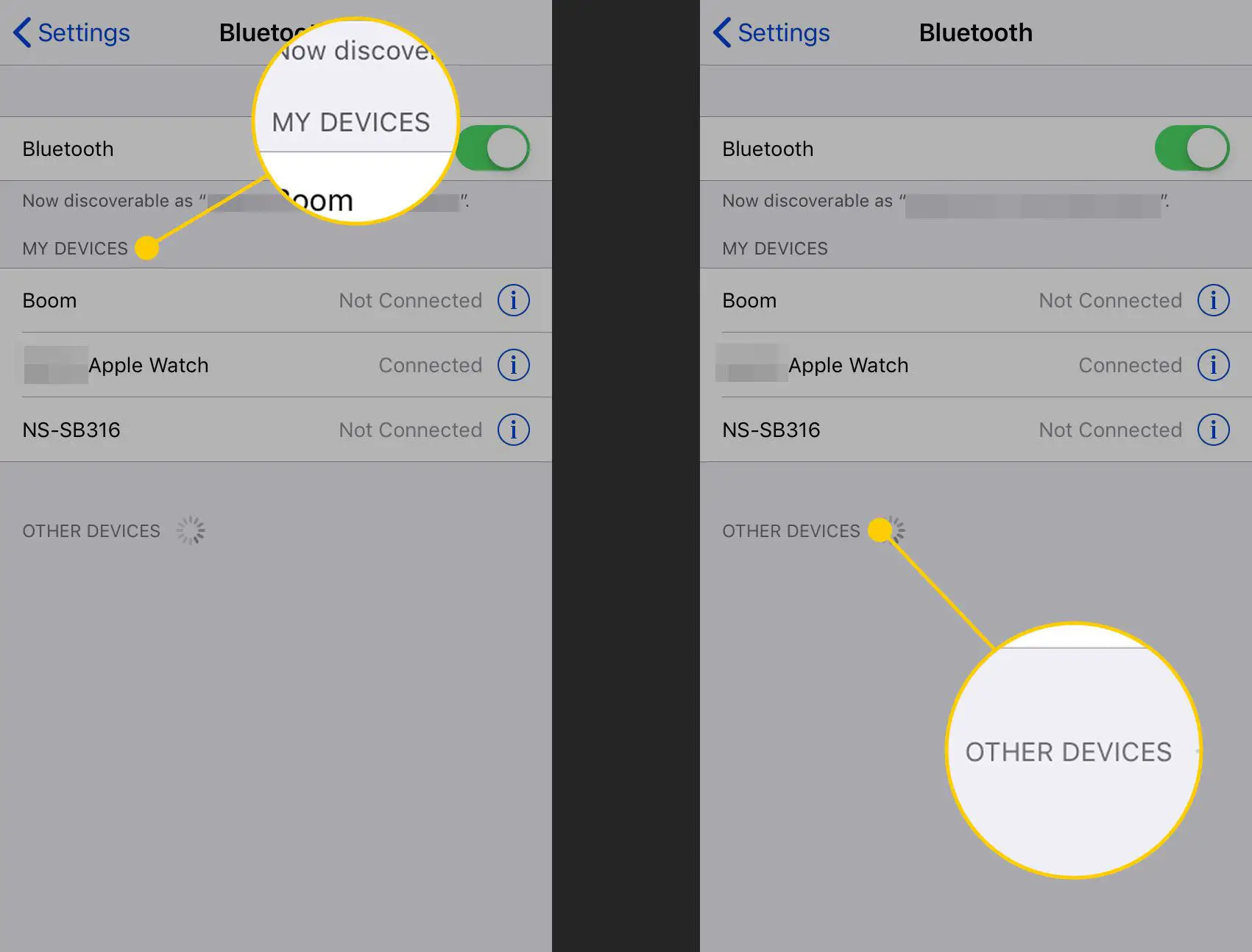 A tela de configurações de Bluetooth em um iPhone
