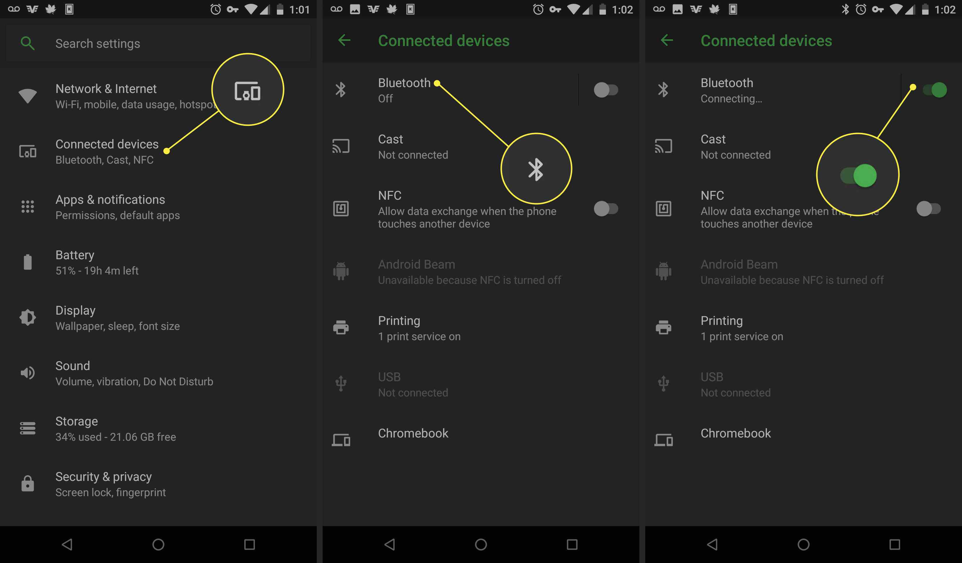 Capturas de tela de um dispositivo Android mostrando a chave seletora do Bluetooth