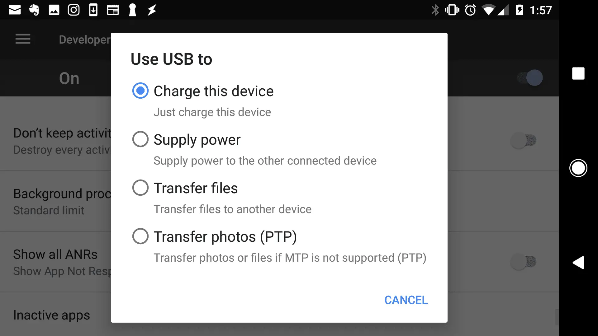 Captura de tela das opções USB em um telefone Android