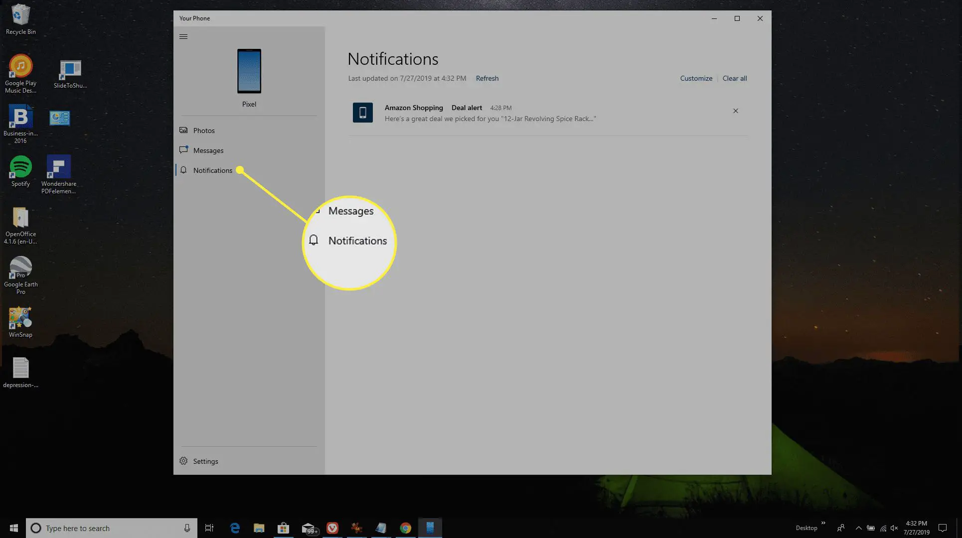 visualizar notificações do Android com o aplicativo Your Phone
