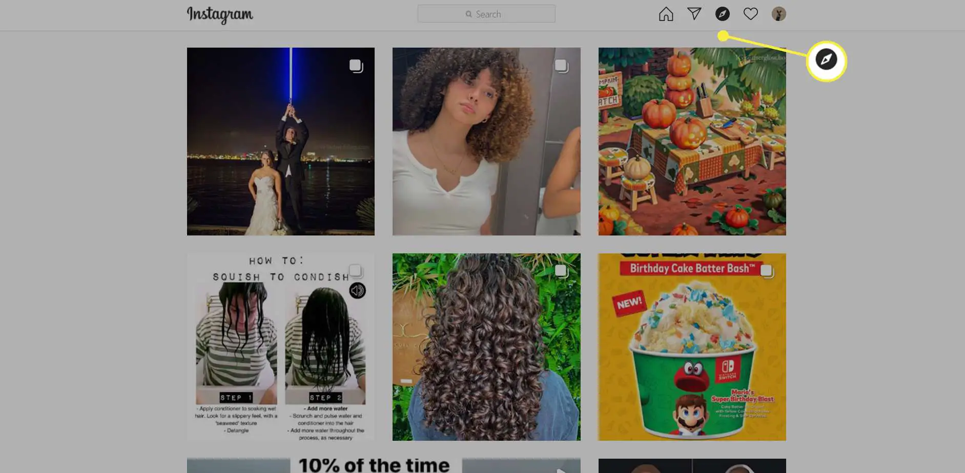 Selecione o ícone de bússola para acessar a página Explorar do Instagram.