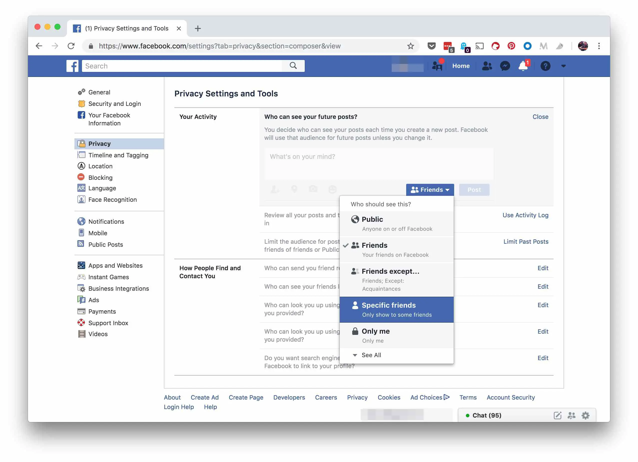 Captura de tela de configurações e ferramentas de privacidade no site do Facebook