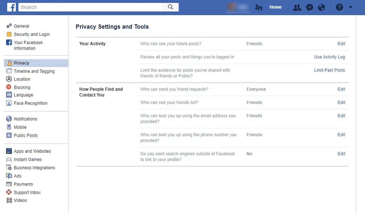 Uma captura de tela da página de configurações de privacidade do Facebook, onde os usuários podem definir suas configurações de privacidade padrão.
