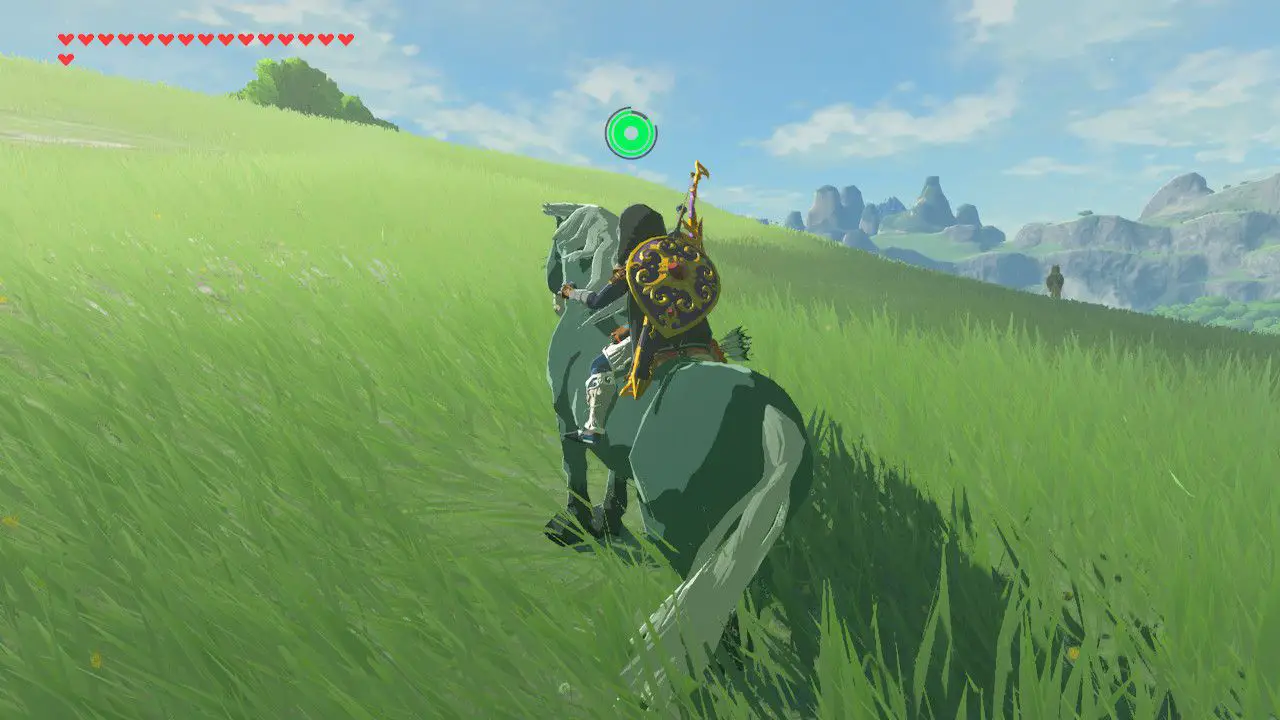 Acalmando um cavalo selvagem em Zelda: Breath of the Wild.
