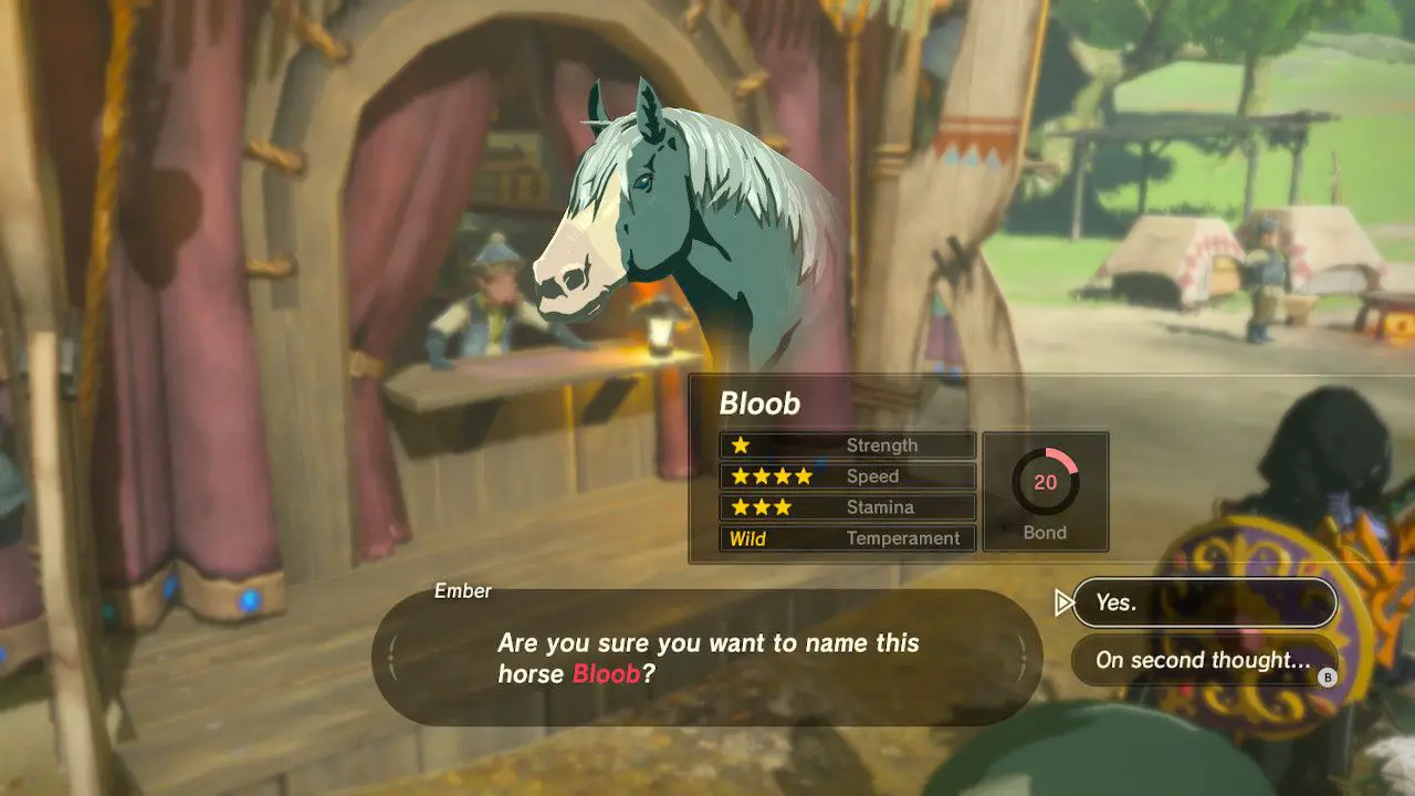 Confirmando o nome do cavalo em Zelda: Breath of the Wild.
