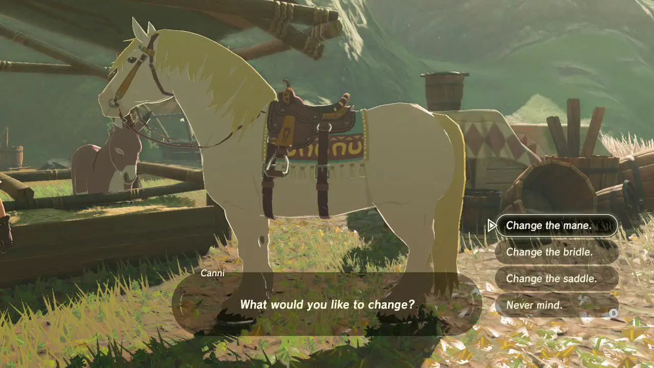 Mudar a crina, o freio e a sela do cavalo em Zelda: Breath of the Wild.