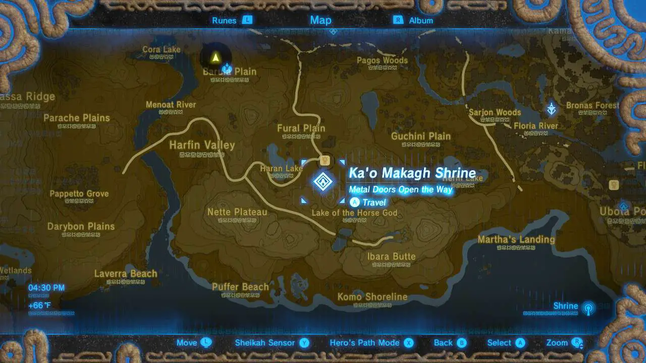 Warping to Ka'o Makagh Shrine em Zelda: Breath of the Wild.