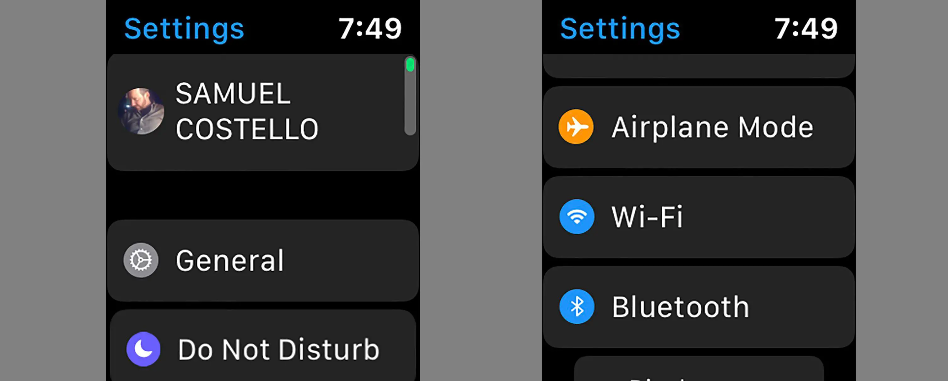 Capturas de tela de onde encontrar a opção Bluetooth no Apple Watch.
