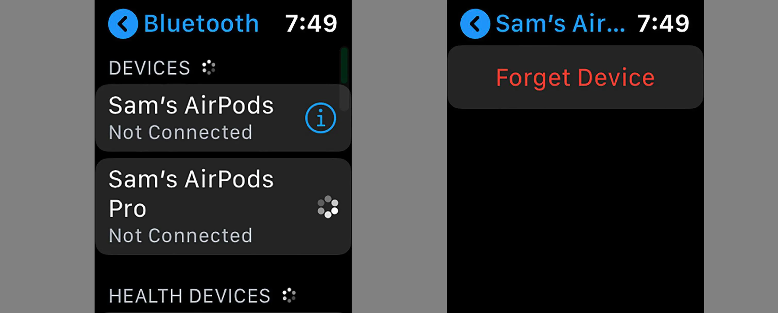 Capturas de tela mostrando como esquecer os Airpods no Apple Watch.