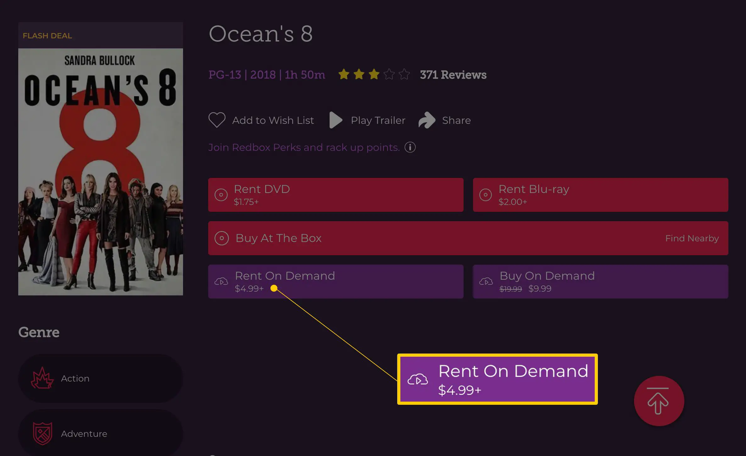 Rent On Demand $ 4,99 + botão na página de detalhes do Ocean's 8 no Redbox