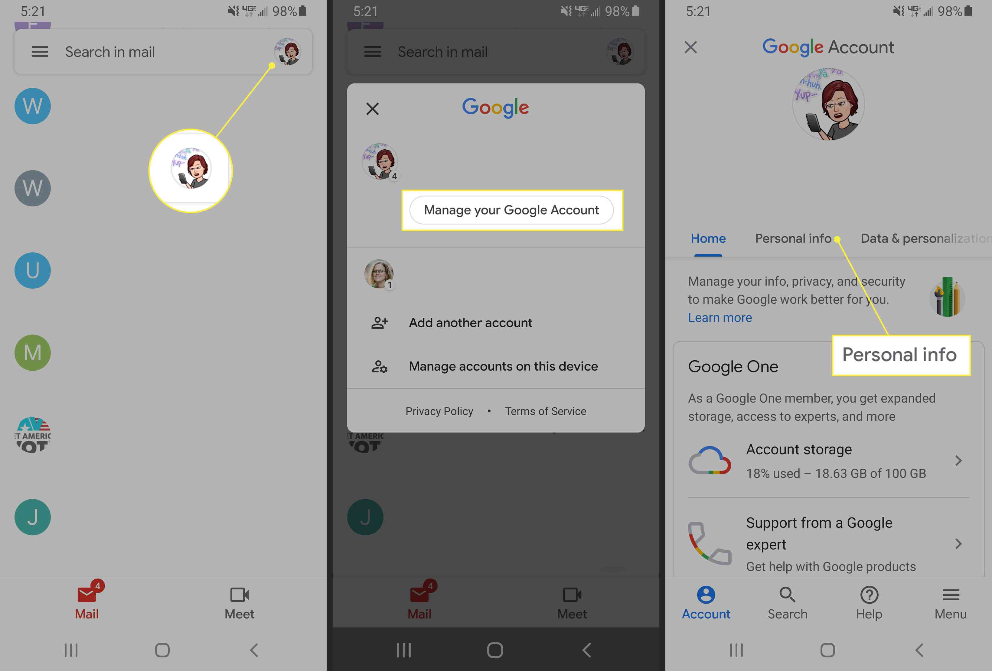 Gerenciando sua Conta do Google no aplicativo Gmail para Android