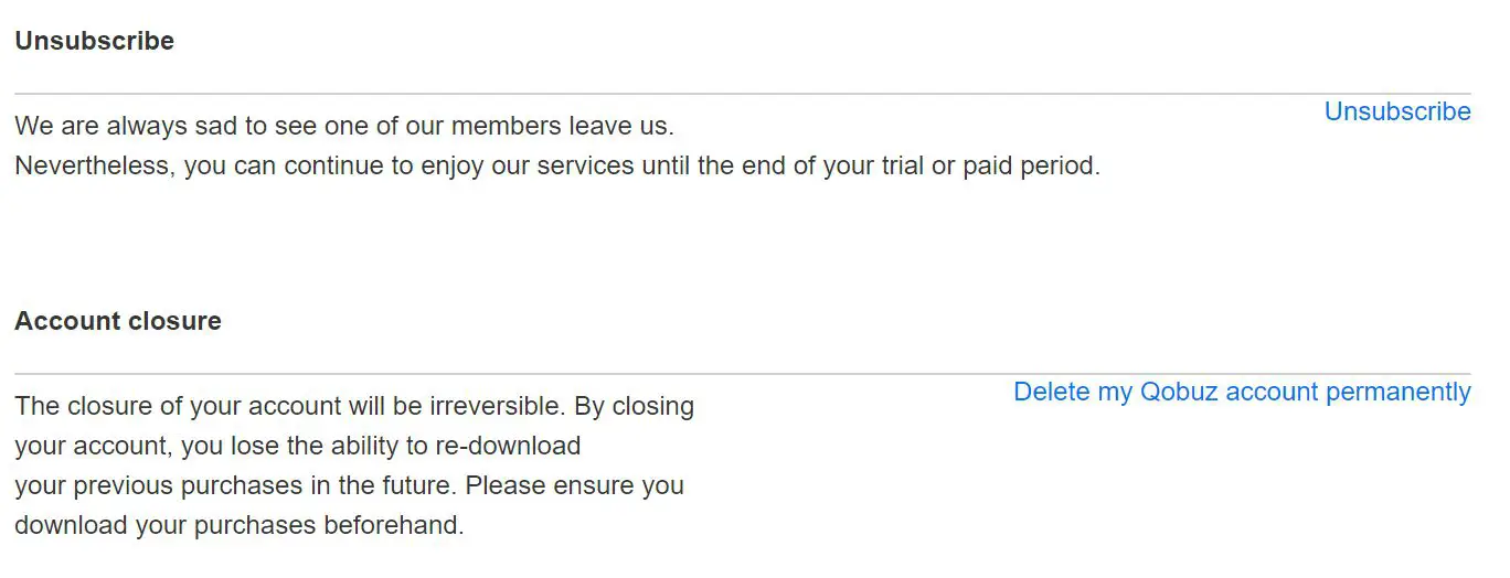 Opções de cancelamento de assinatura e cancelamento de conta do Qobuz