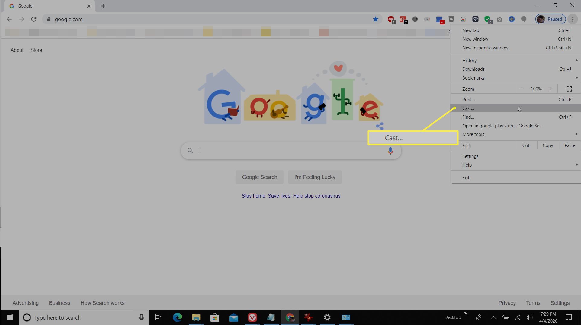 Transmitir no menu do Google Chrome
