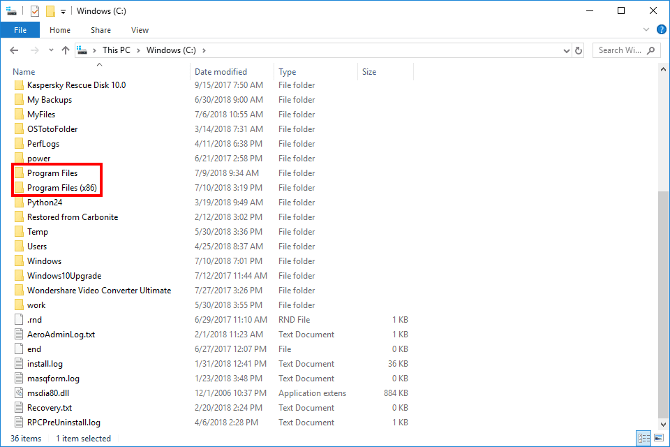 Pastas de arquivos de programas no Windows 10