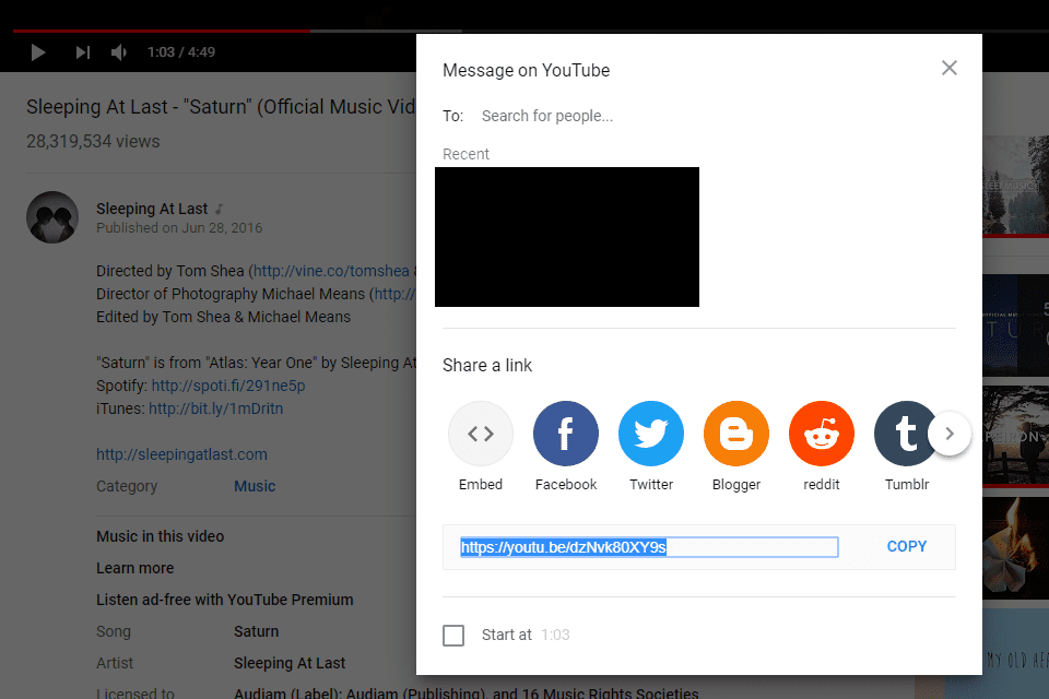 Opção de cópia de URL no YouTube