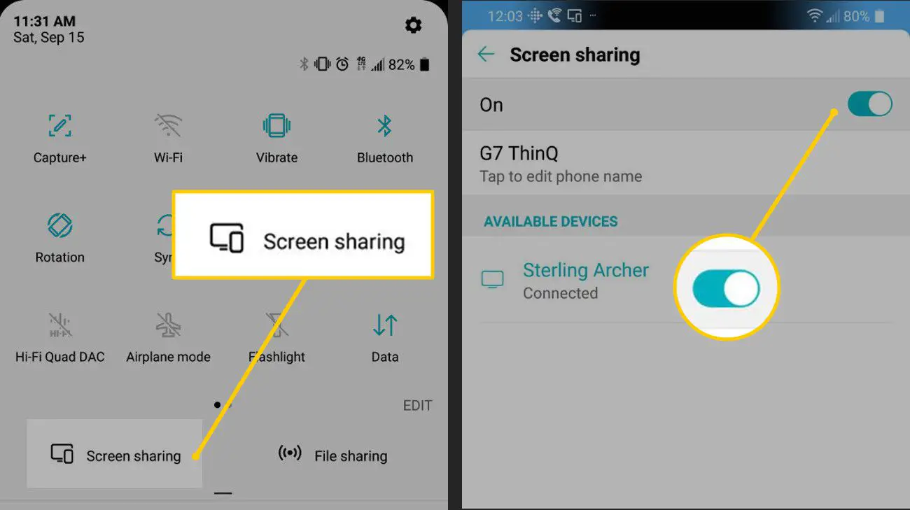 Botão de menu de compartilhamento de tela e botão de alternância no Android