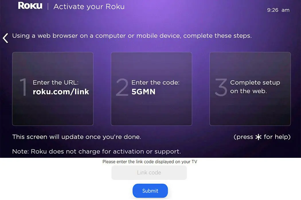 Acesso ao código de ativação Roku e procedimento de entrada