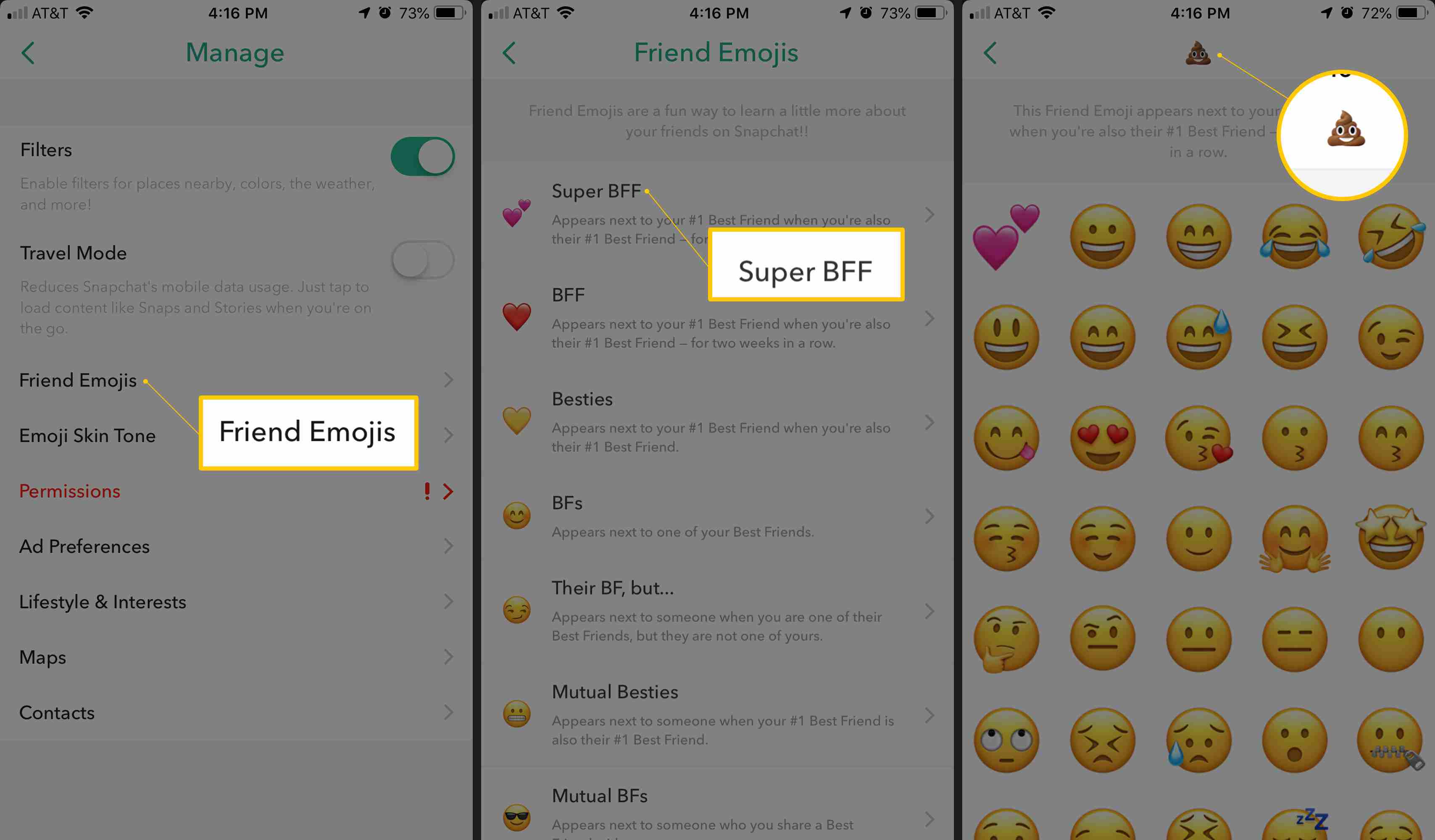 Emojis The Friend, Super BFF e Pile of Poo emoji no Snapchat