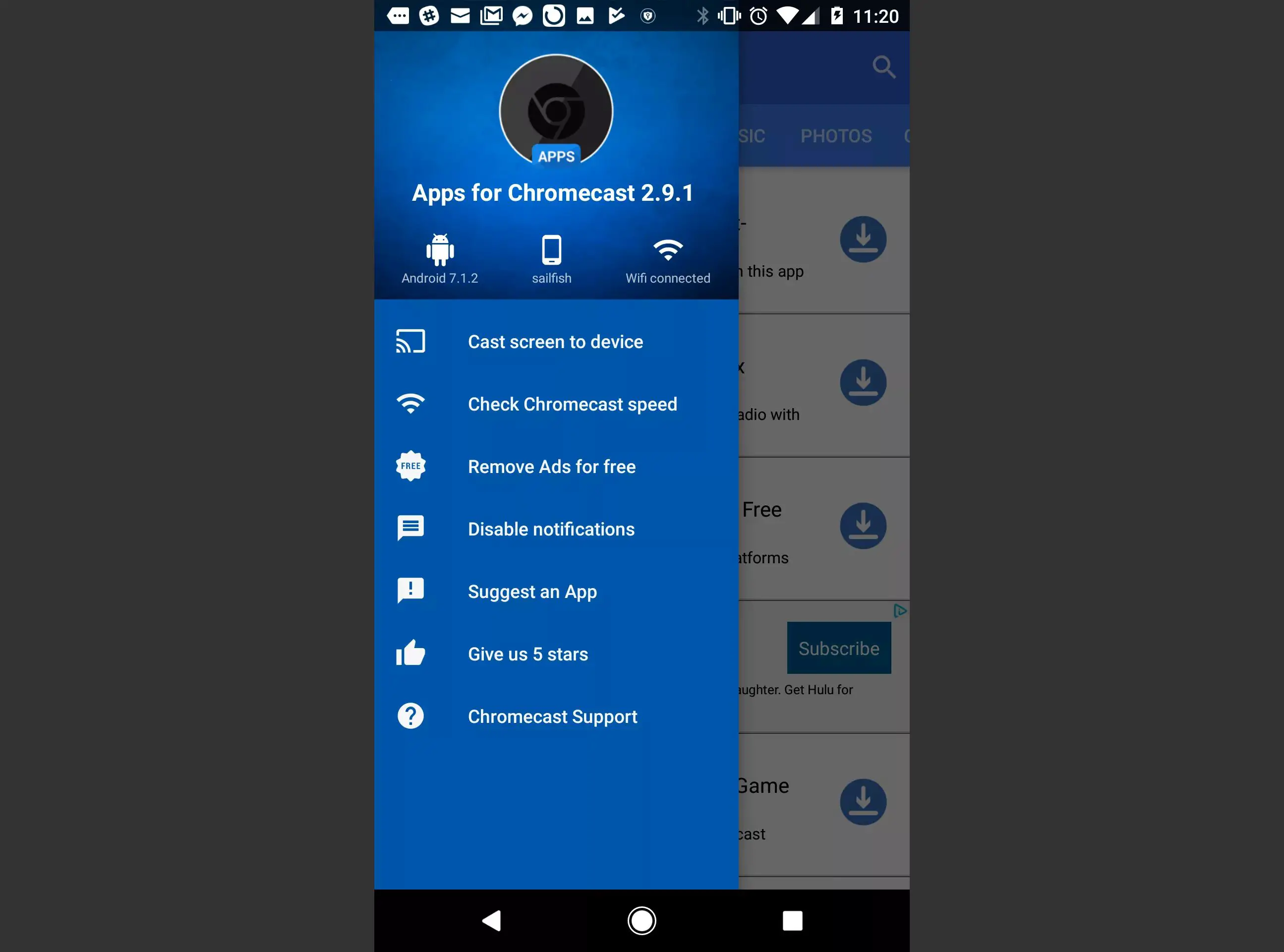 Captura de tela das opções de menu do Apps for Chromecast
