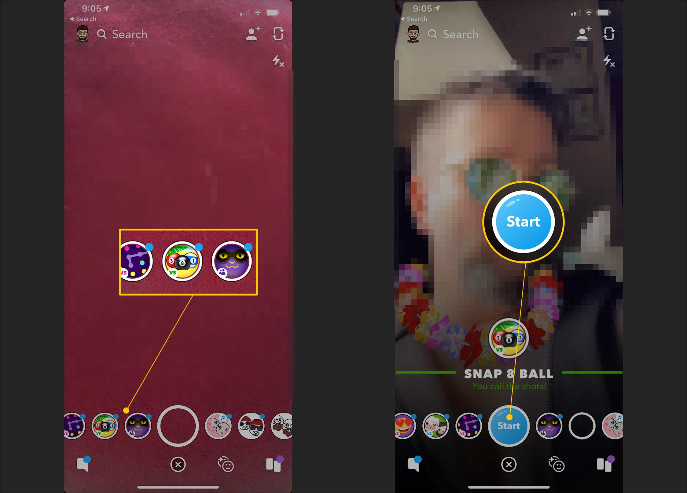 Snapchat em telas de iOS mostrando locais Snappable e botão Iniciar