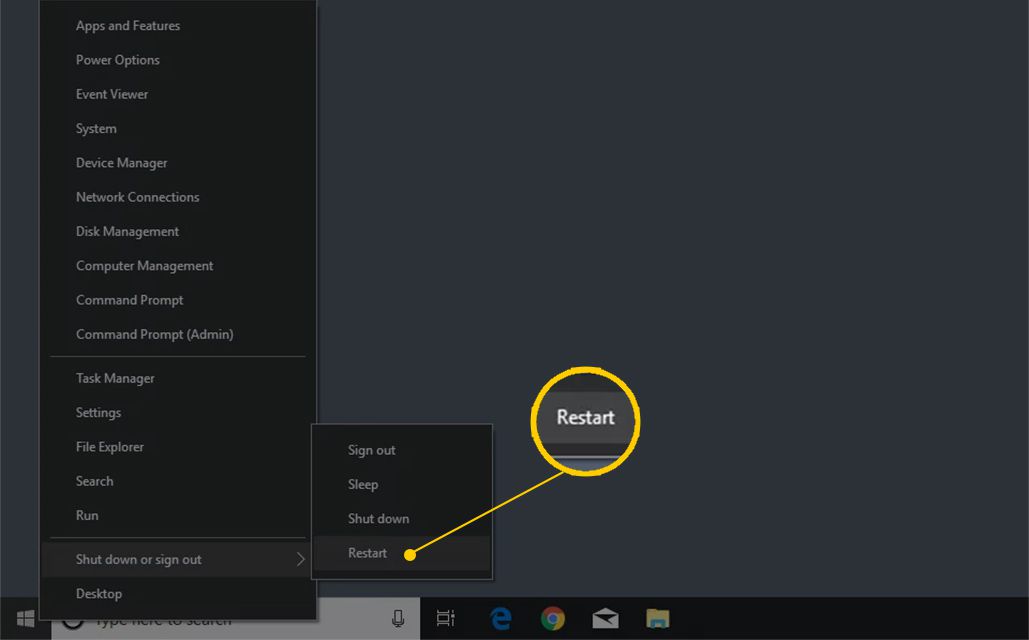 Captura de tela mostrando como reiniciar o Windows 10 a partir do menu do usuário avançado