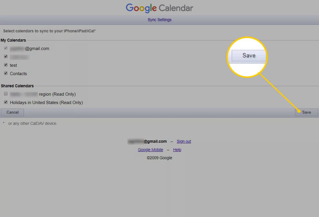 Botão Salvar nas configurações do Google Calendar Sync