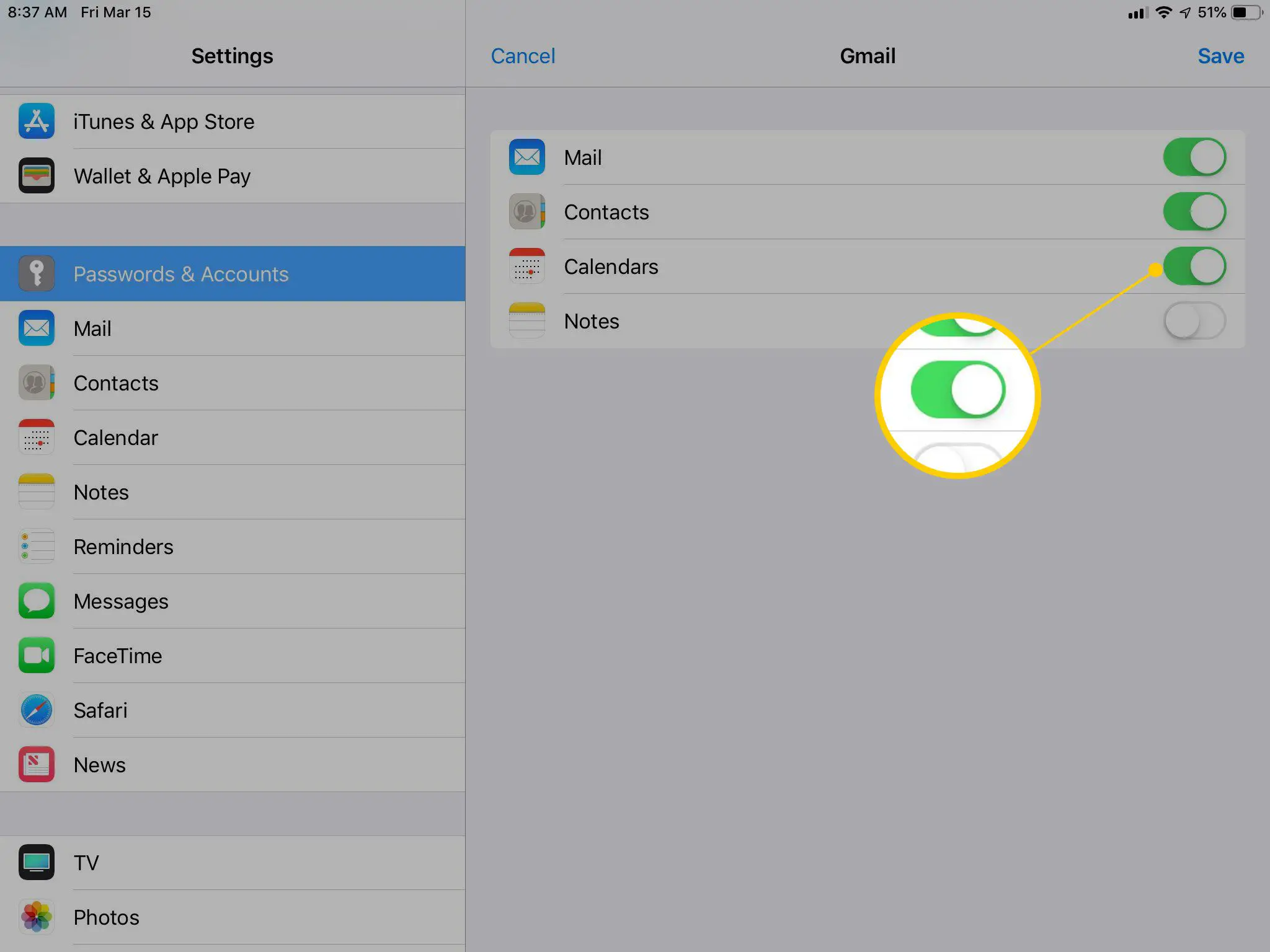 A opção Calendários nas configurações do Gmail no iPad muda para ATIVADA