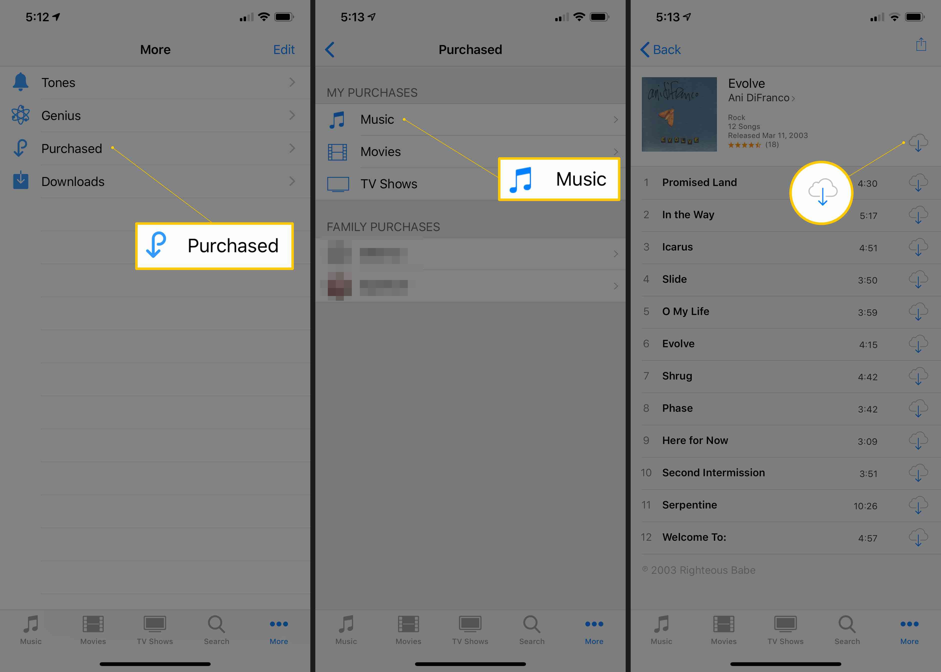 Três capturas de tela do iOS mostrando os botões Comprado, Música e download na nuvem