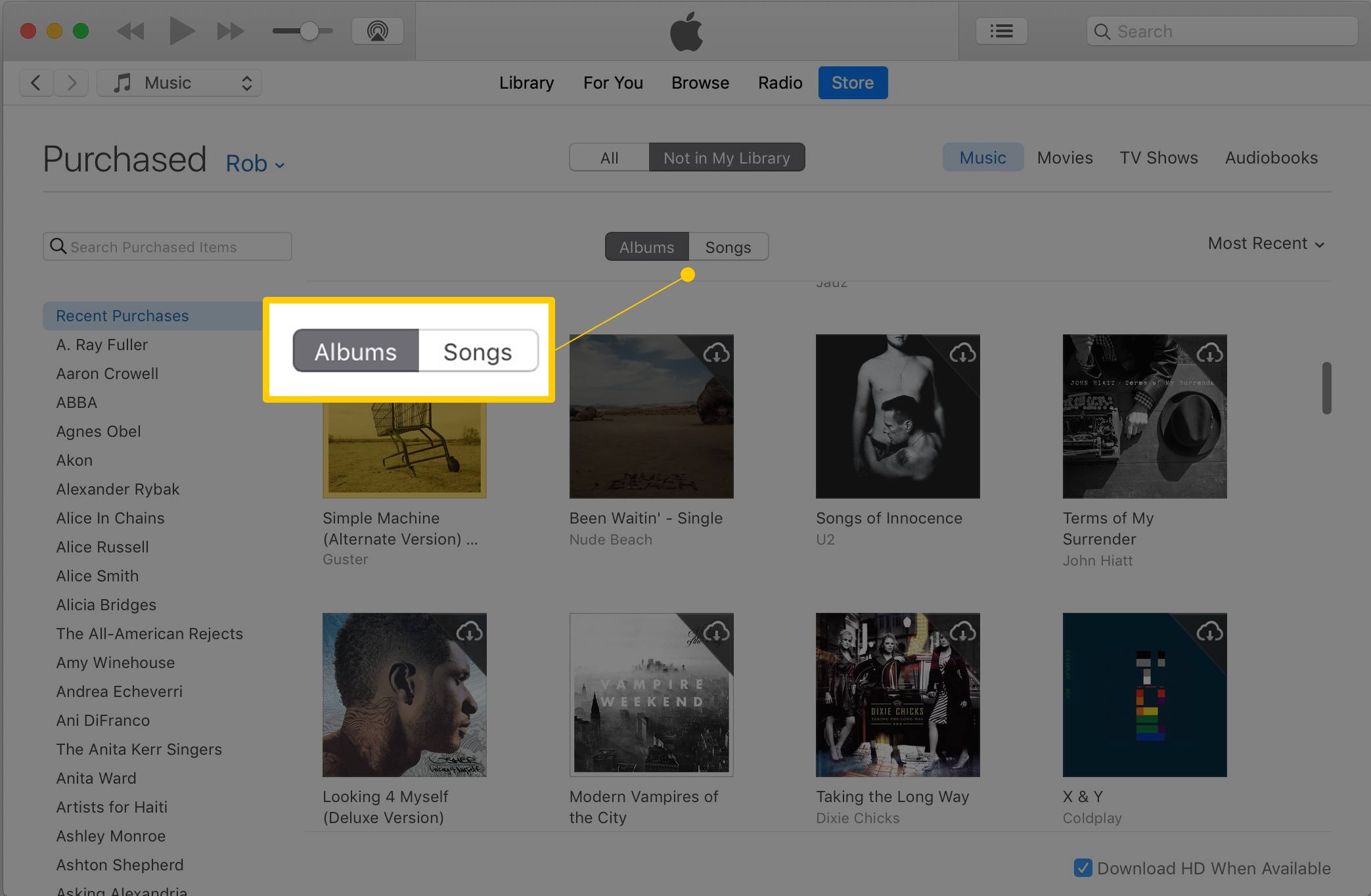 Álbuns / músicas alternam na captura de tela do iTunes