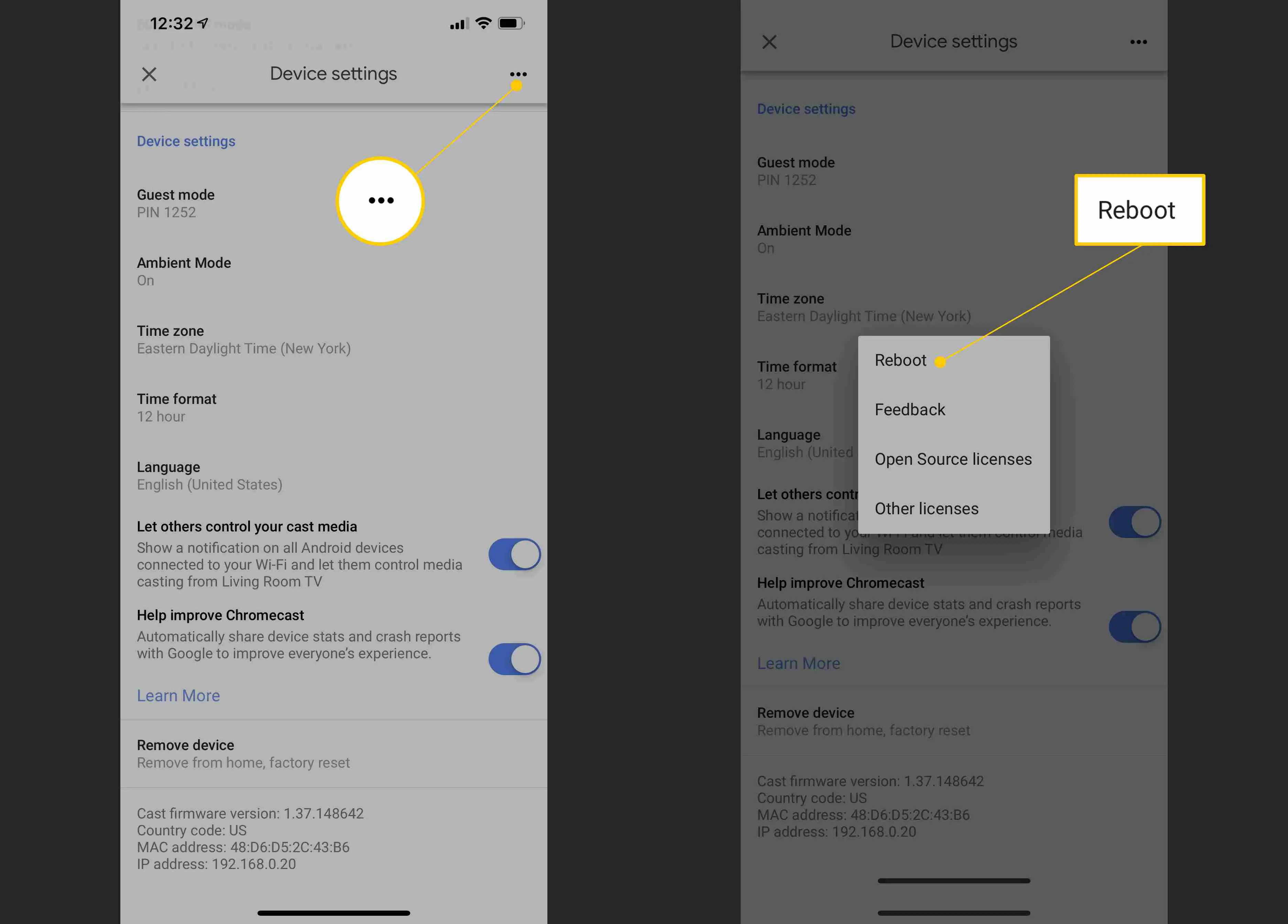 Pontos do menu e opção de reinicialização no app Google Home no iOS