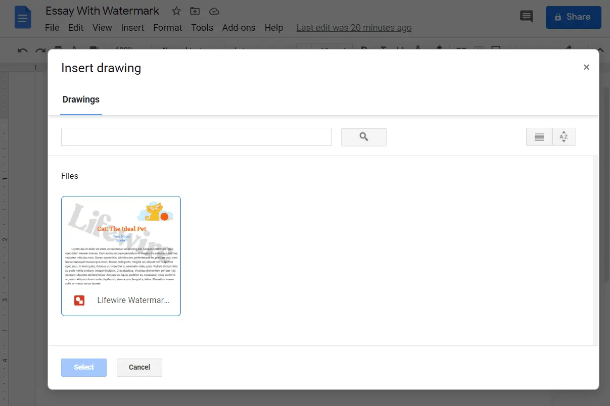 Captura de tela da página de importação do Desenhos Google no Google Docs