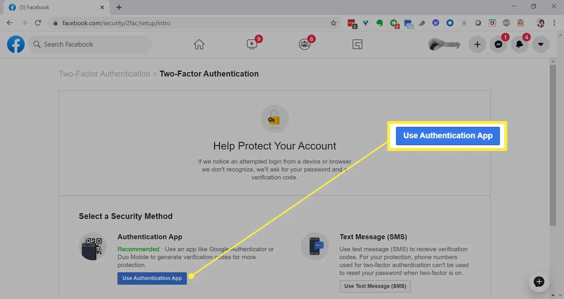 Configurando o Microsoft Authenticator no Facebook.
