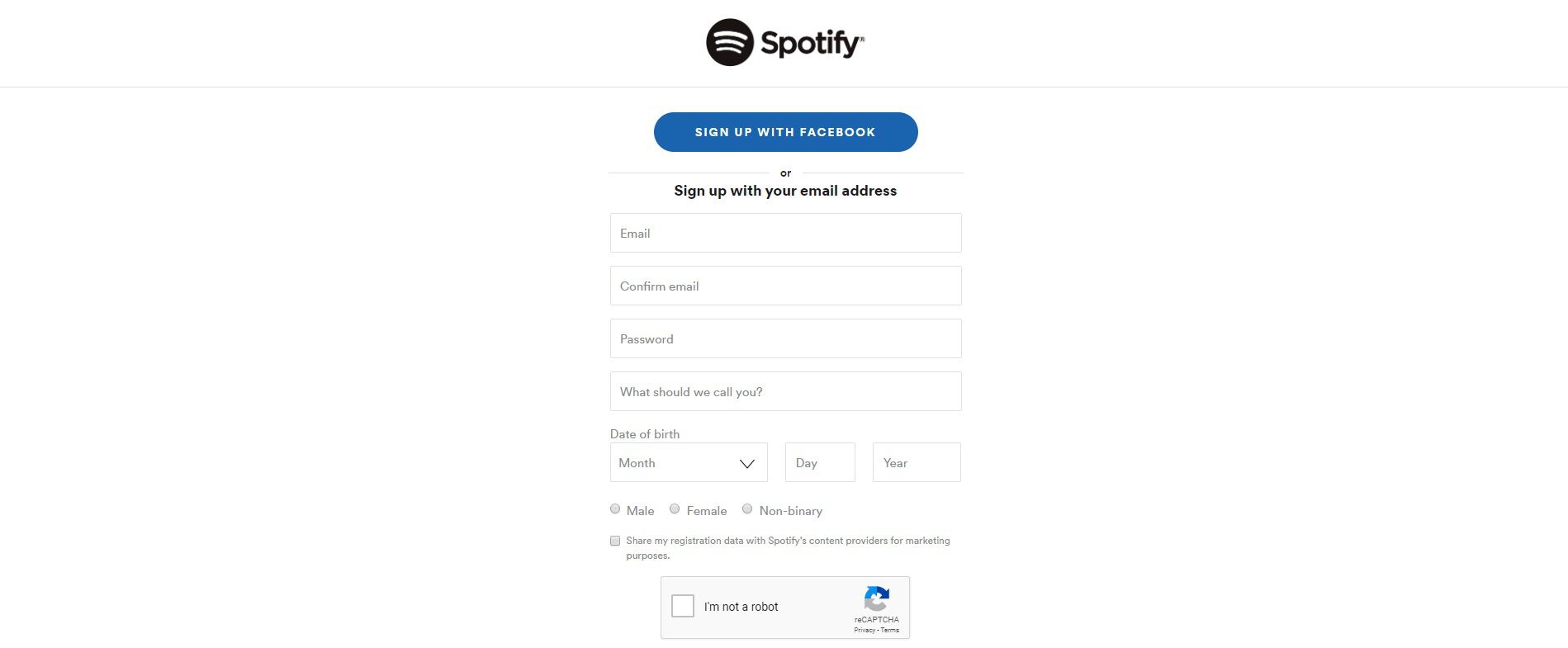 Captura de tela da página de inscrição do Spotify