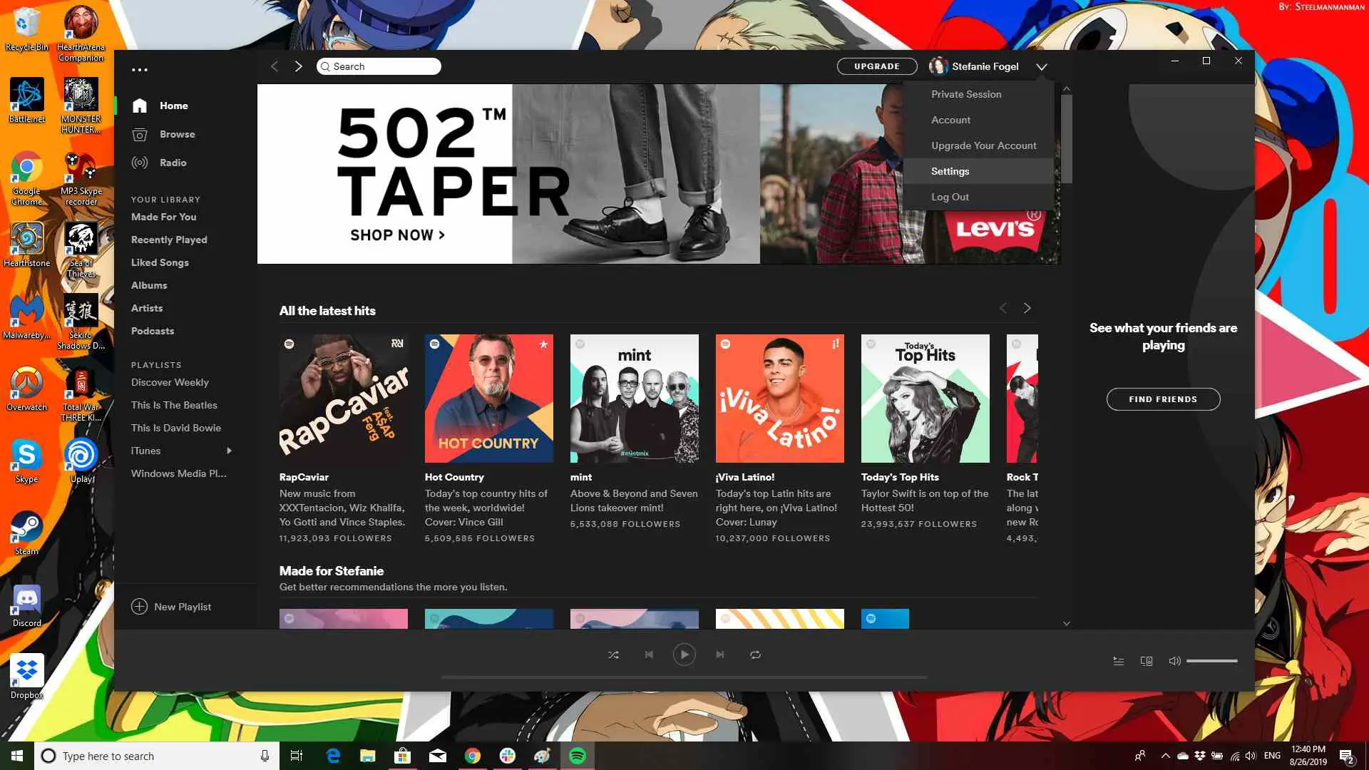 Captura de tela do aplicativo Spotify para desktop com as configurações destacadas