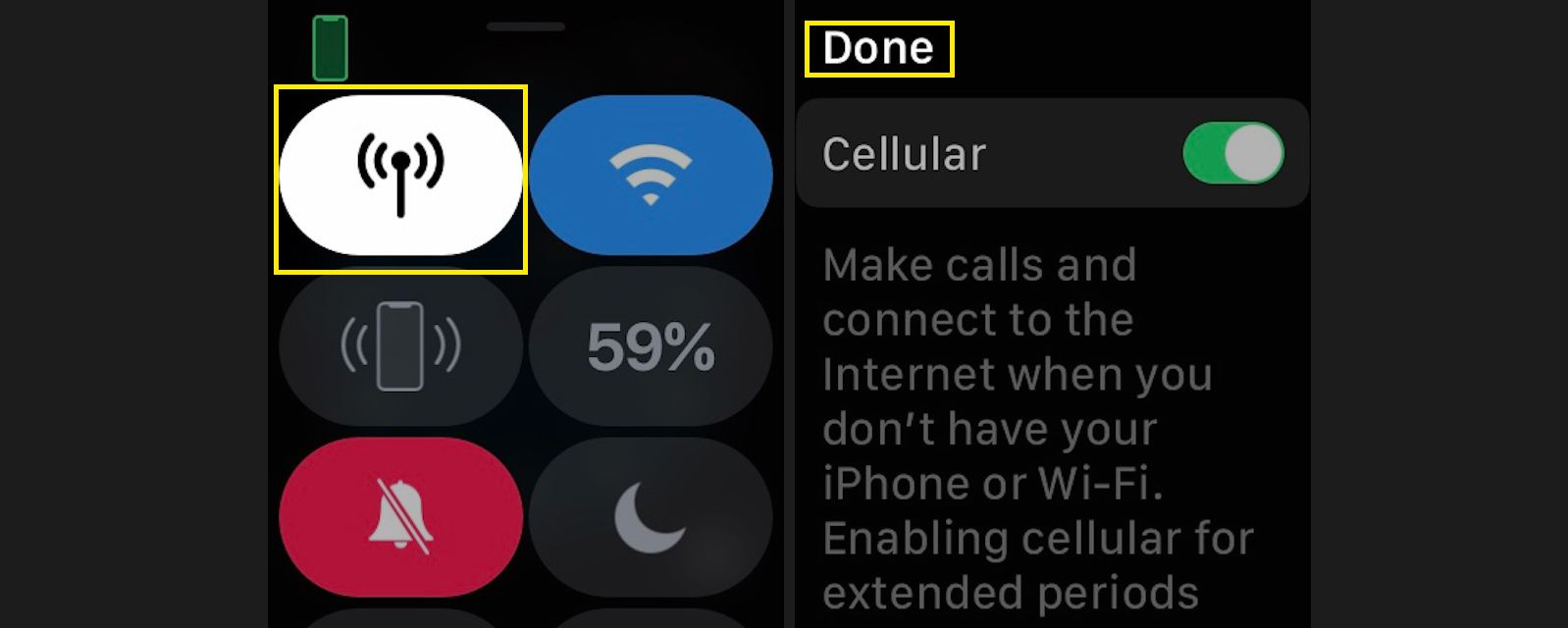 Toque no ícone de celular para desligar o serviço de celular para o seu Apple Watch