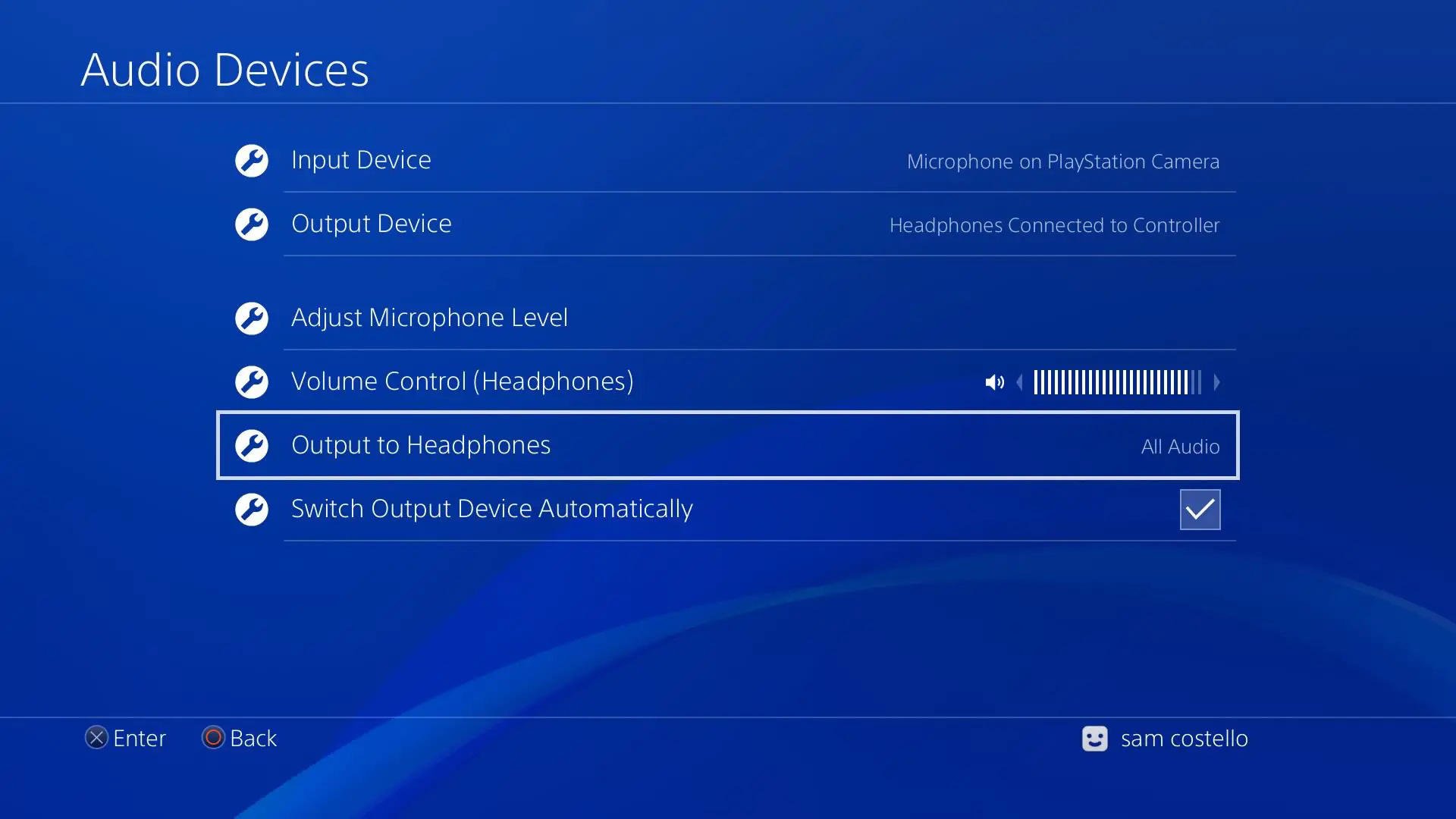 Captura de tela do menu de dispositivos de áudio PS4