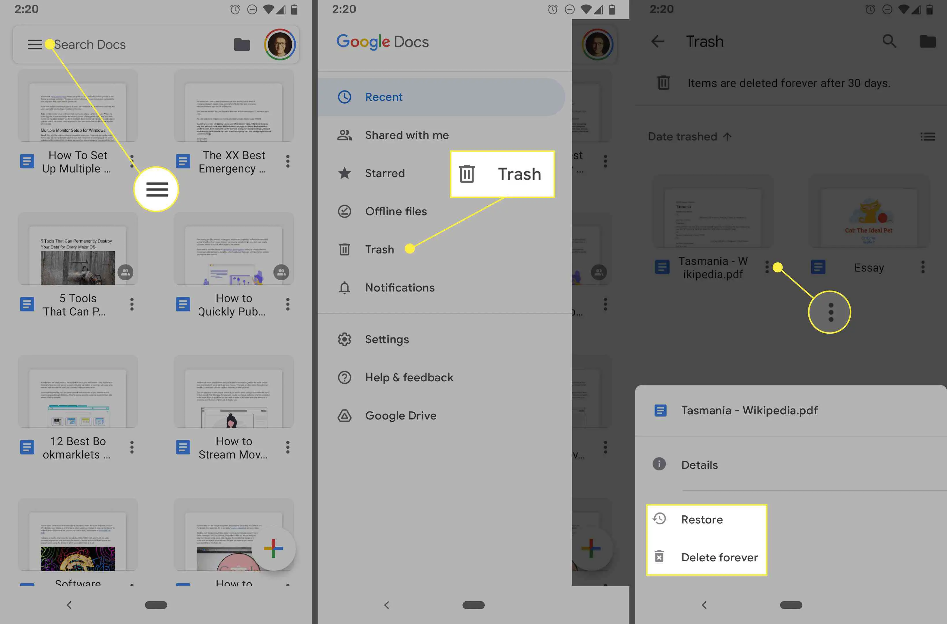 Aplicativo Google Docs para Android com arquivos excluídos.