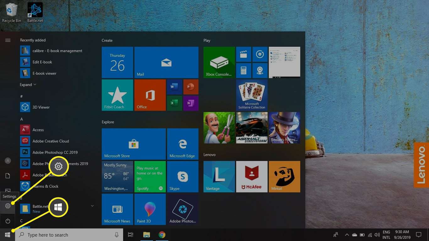 ícone e ícone Configurações destacados no Windows.