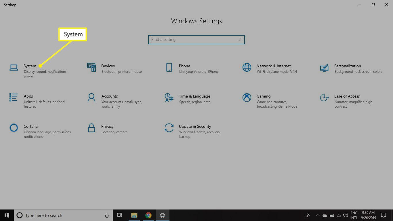 Configurações do Windows com Sistema destacado