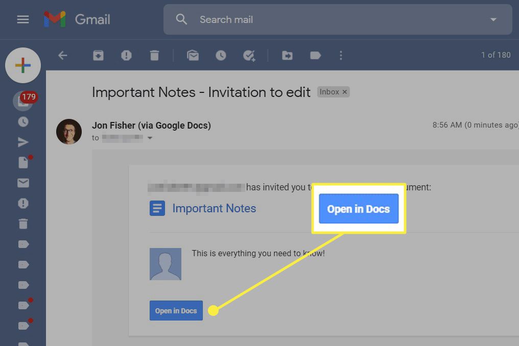 Abrindo um documento do Google compartilhado no Gmail.