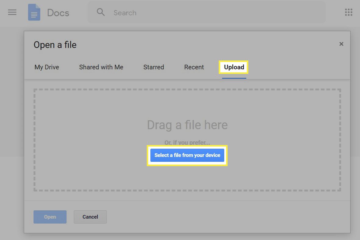 A interface de upload no Google Docs.