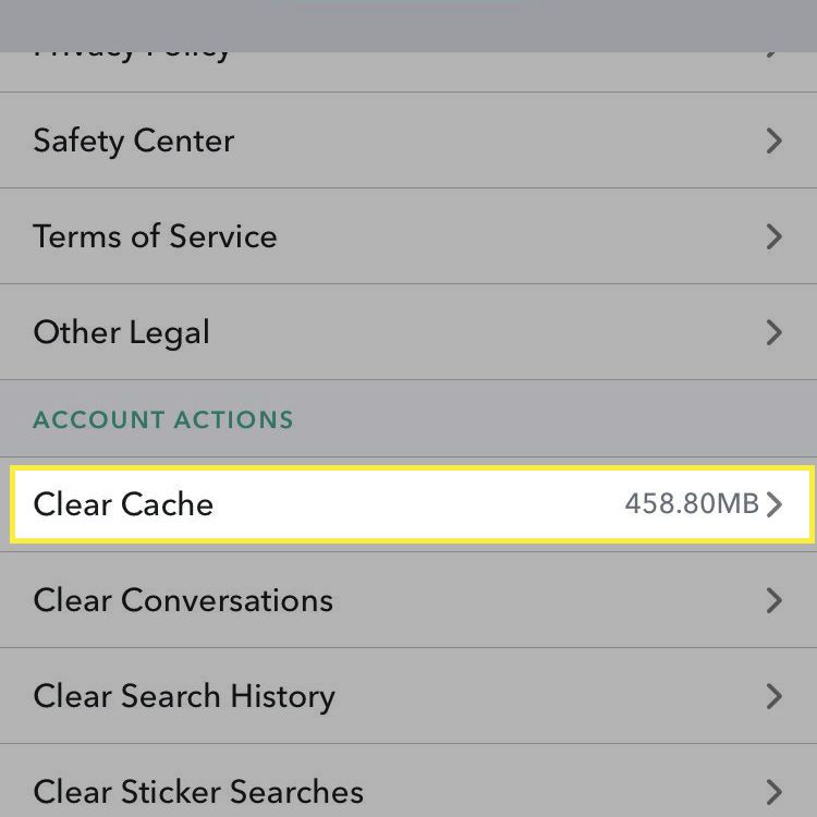 Configurações de cache no Snapchat.