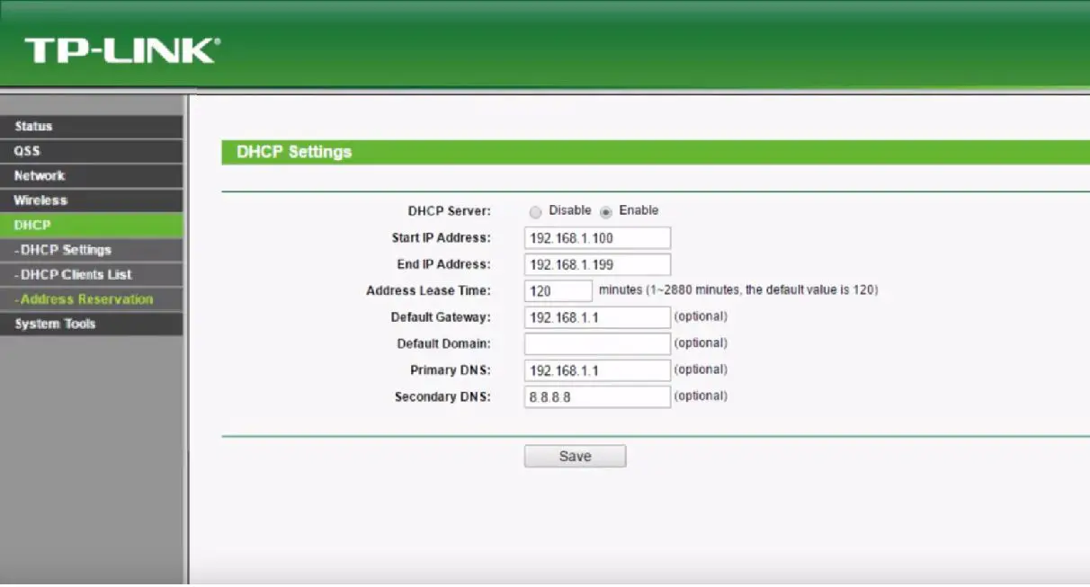 Captura de tela das configurações de DHCP