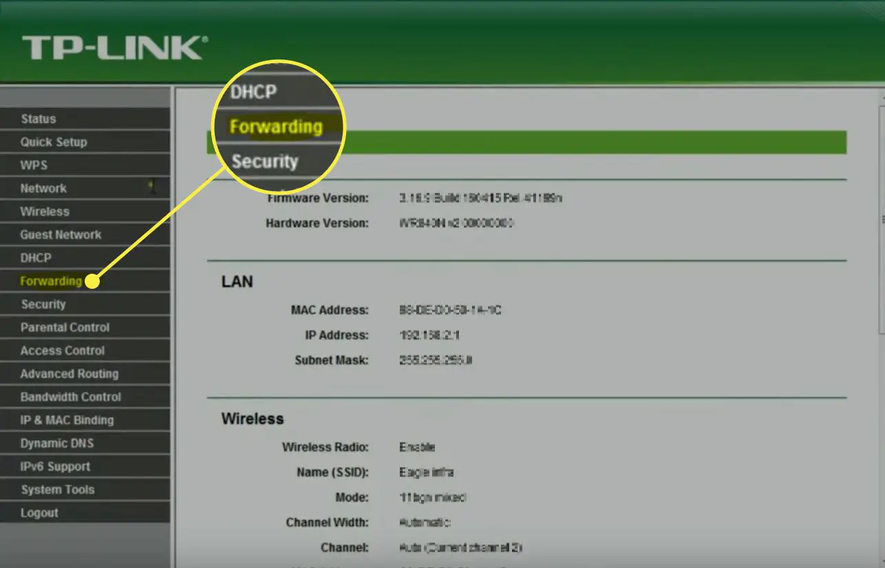Uma captura de tela do TP-Link com a opção Encaminhamento destacada