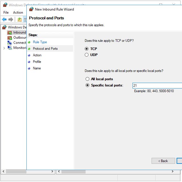 Porta 21 aberta no firewall do Windows 10