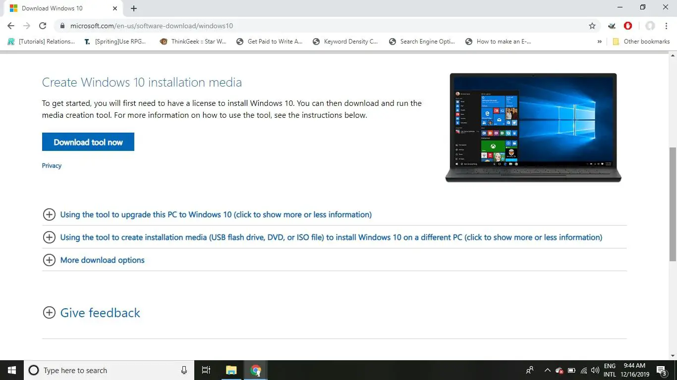 No computador Windows, vá para a página de download do Windows 10 e selecione Baixar ferramenta agora em Criar mídia de instalação do Windows 10.
